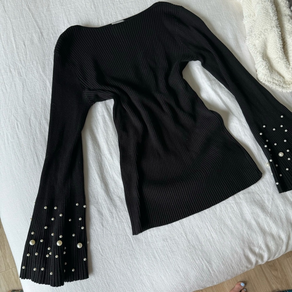 Vintage black boat neck sweater with pearl sleeves